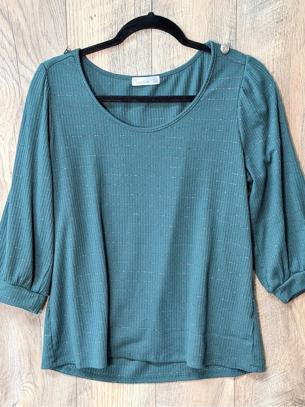 Madison Teal Ribbed Scoop-Neck Long Sleeve Top